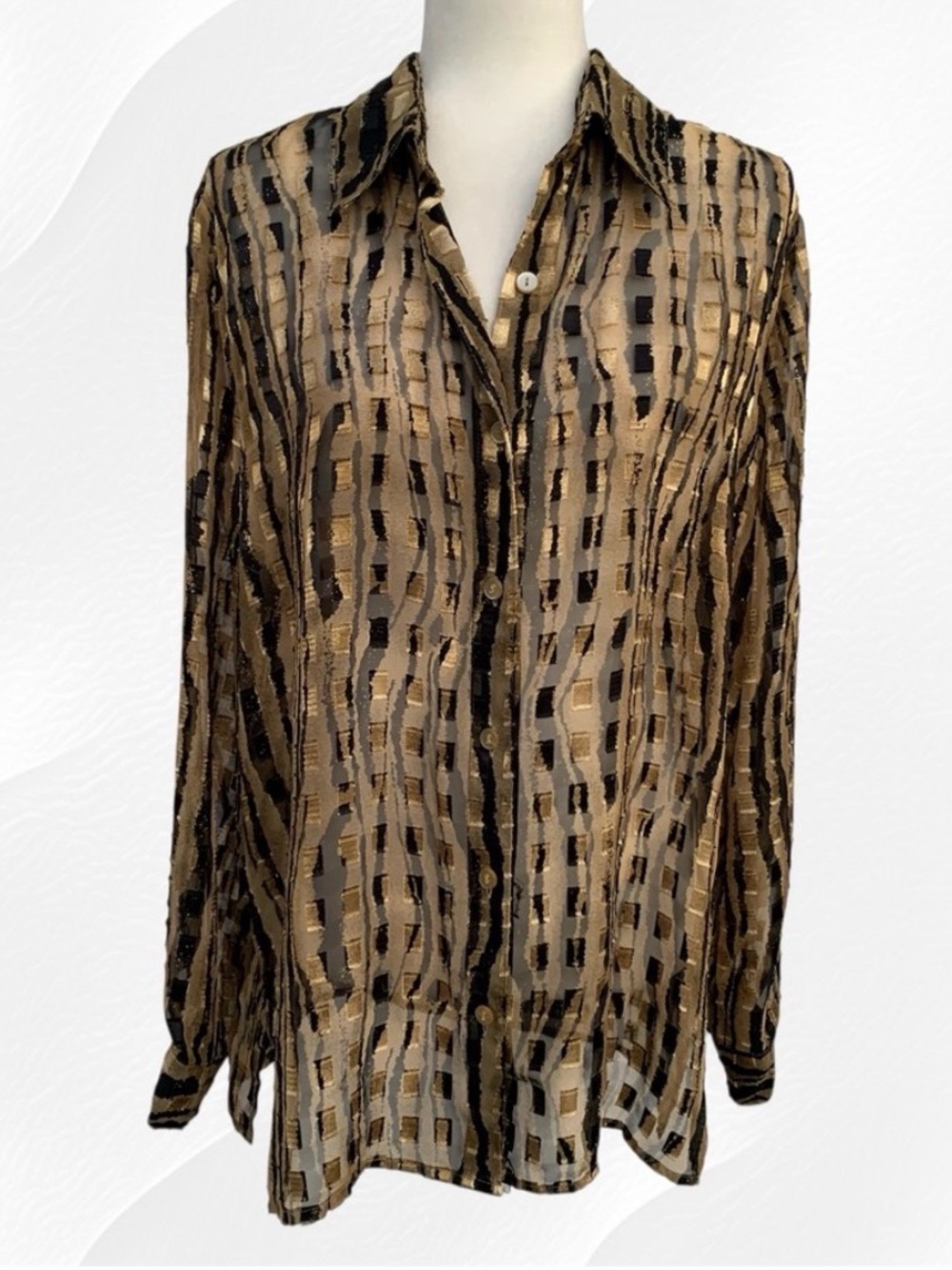 Notations Woman Semi-Sheer Black & Gold Plaid Long Sleeve Button Front Blouse XL
